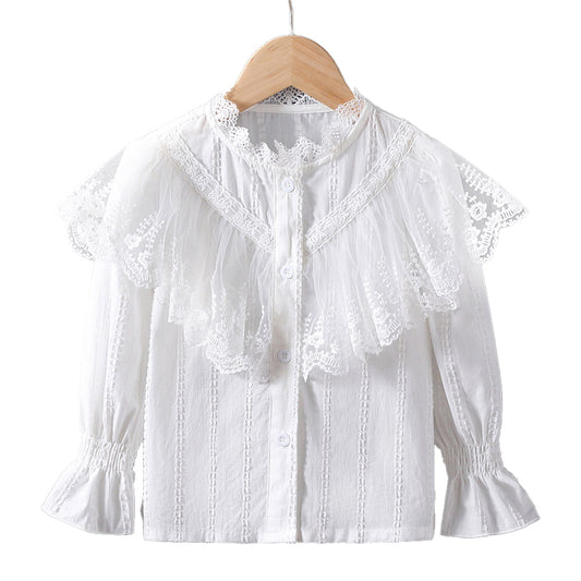 Pure cotton mesh lace small collar stylish doll shirt, high-quality long-sleeved blouse for girls