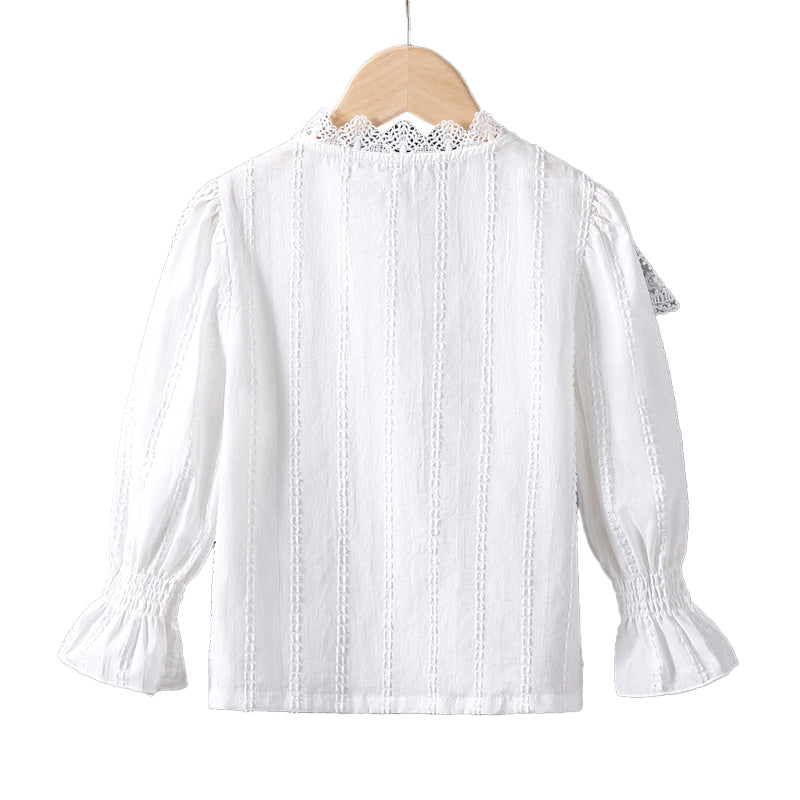 Pure cotton mesh lace small collar stylish doll shirt, high-quality long-sleeved blouse for girls