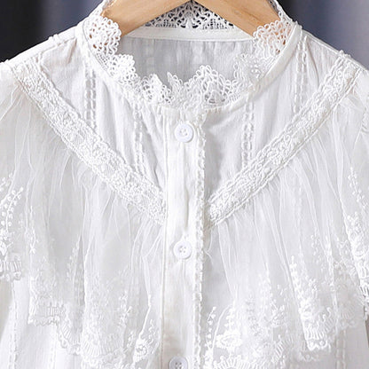 Pure cotton mesh lace small collar stylish doll shirt, high-quality long-sleeved blouse for girls