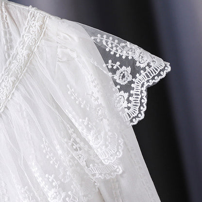 Pure cotton mesh lace small collar stylish doll shirt, high-quality long-sleeved blouse for girls