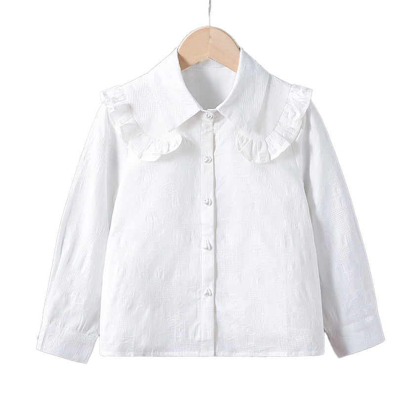 High-end white fashion embossed lapel sweater for girls, long-sleeved, 100% cotton shirt