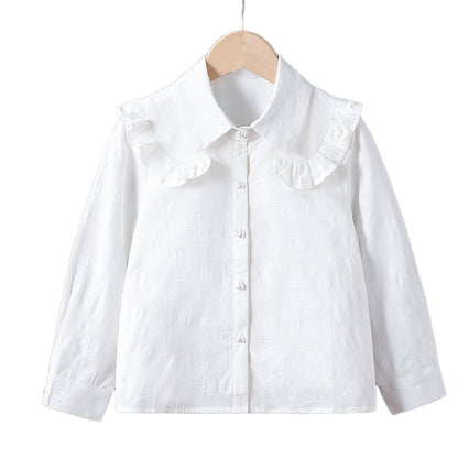 High-end white fashion embossed lapel sweater for girls, long-sleeved, 100% cotton shirt