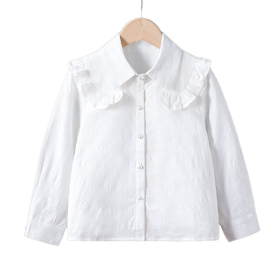 High-end white fashion embossed lapel sweater for girls, long-sleeved, 100% cotton shirt