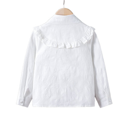 High-end white fashion embossed lapel sweater for girls, long-sleeved, 100% cotton shirt