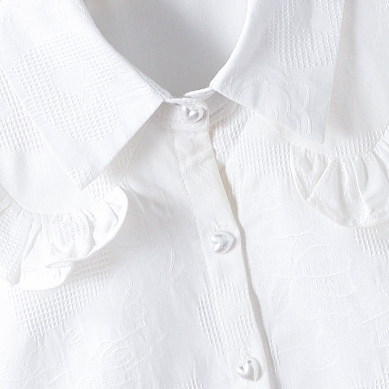 High-end white fashion embossed lapel sweater for girls, long-sleeved, 100% cotton shirt