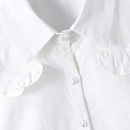 High-end white fashion embossed lapel sweater for girls, long-sleeved, 100% cotton shirt
