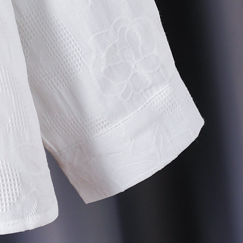 High-end white fashion embossed lapel sweater for girls, long-sleeved, 100% cotton shirt