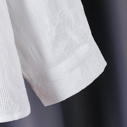 High-end white fashion embossed lapel sweater for girls, long-sleeved, 100% cotton shirt