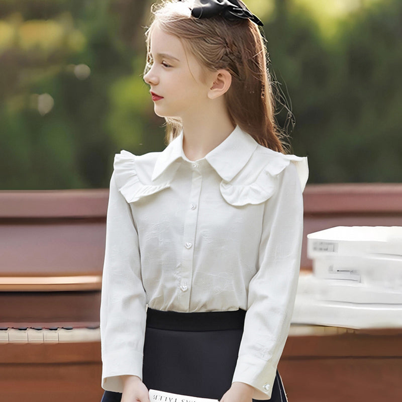 High-end white fashion embossed lapel sweater for girls, long-sleeved, 100% cotton shirt