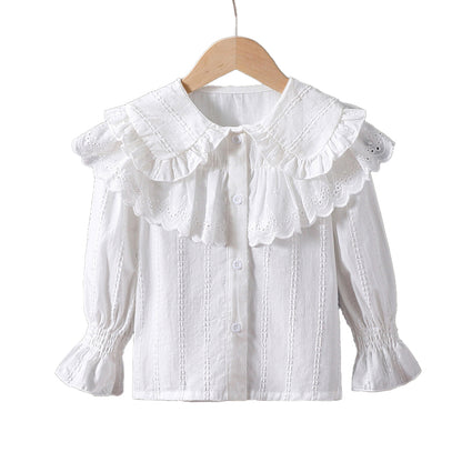 Lace double-collared sweater shirt, childrens white top, pure cotton long-sleeved shirt for girls
