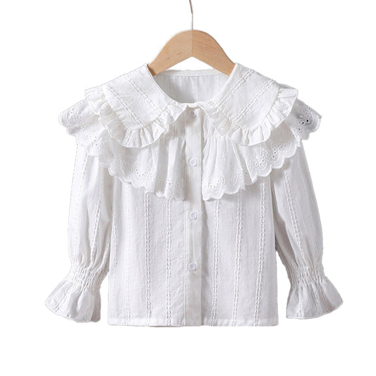 Lace double-collared sweater shirt, childrens white top, pure cotton long-sleeved shirt for girls