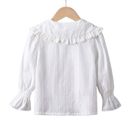 Lace double-collared sweater shirt, childrens white top, pure cotton long-sleeved shirt for girls