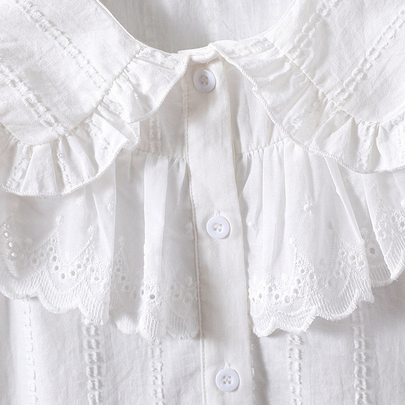 Lace double-collared sweater shirt, childrens white top, pure cotton long-sleeved shirt for girls