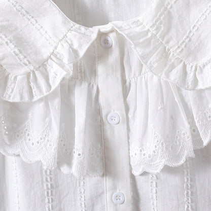Lace double-collared sweater shirt, childrens white top, pure cotton long-sleeved shirt for girls