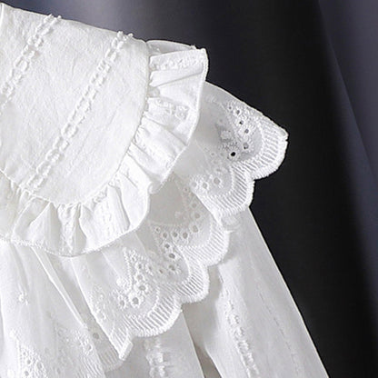 Lace double-collared sweater shirt, childrens white top, pure cotton long-sleeved shirt for girls