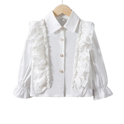 Childrens white cotton lace ruffled collar stylish princess dress shirt for girls with long sleeves