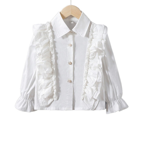 Childrens white cotton lace ruffled collar stylish princess dress shirt for girls with long sleeves