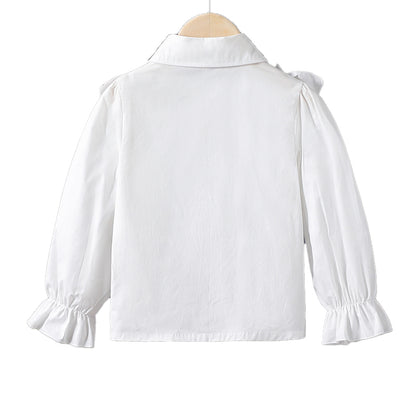 Childrens white cotton lace ruffled collar stylish princess dress shirt for girls with long sleeves