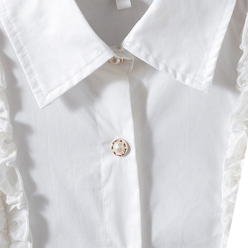 Childrens white cotton lace ruffled collar stylish princess dress shirt for girls with long sleeves