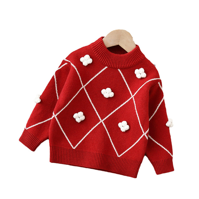 Knitted, flocked, thickened sweater with small snowflake design and hood