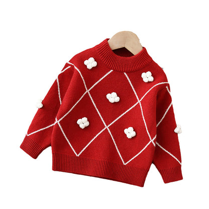 Knitted, flocked, thickened sweater with small snowflake design and hood