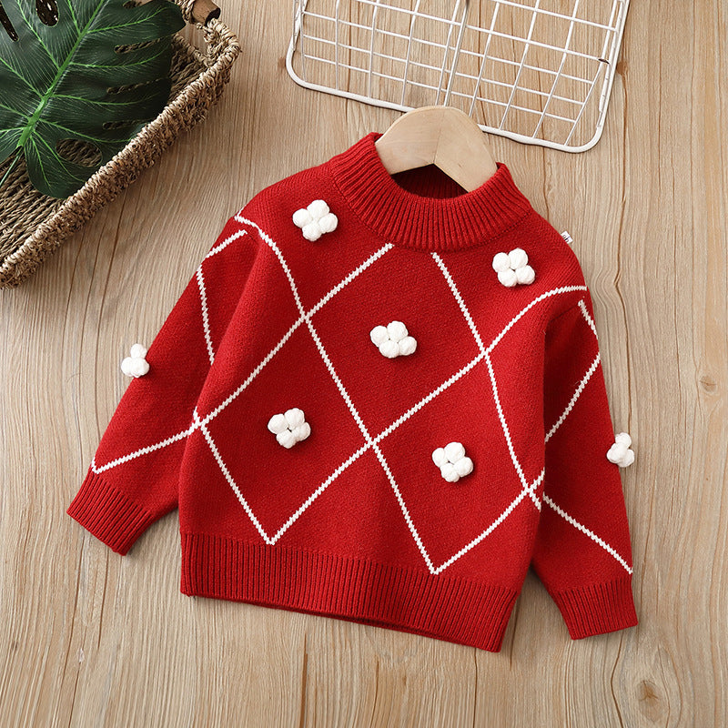 Knitted, flocked, thickened sweater with small snowflake design and hood