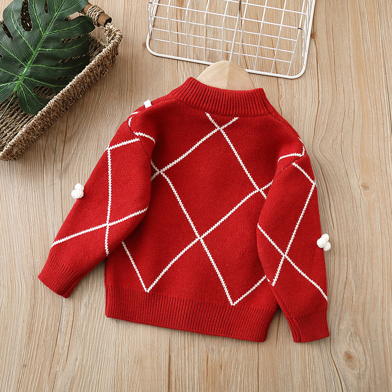 Knitted, flocked, thickened sweater with small snowflake design and hood