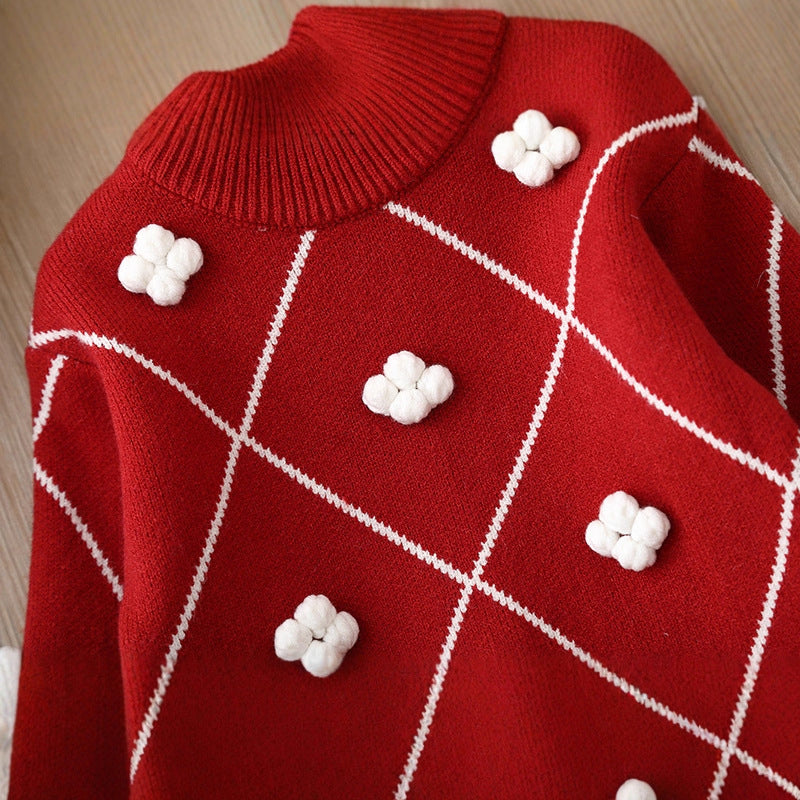 Knitted, flocked, thickened sweater with small snowflake design and hood