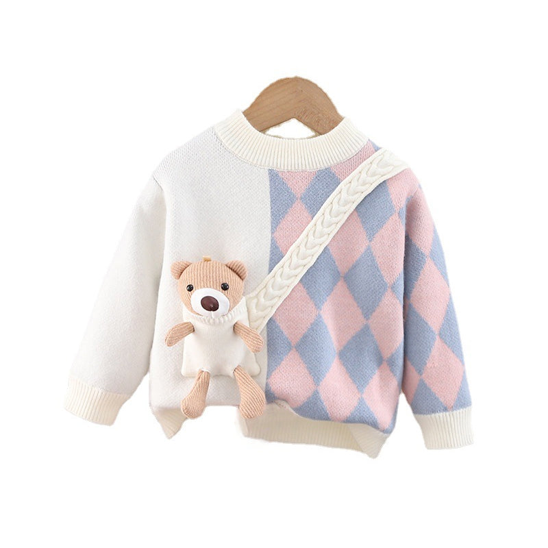 Girls Cartoon Pocket Bear Knit Base Layer