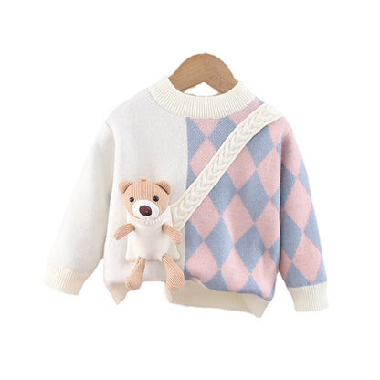 Girls Cartoon Pocket Bear Knit Base Layer