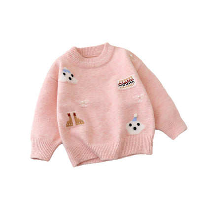 Forest-themed artistic embroidered hoodie sweater, loose and simple style with cartoon-inspired Japanese knit design