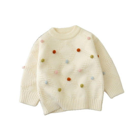 Childrens round-neck pullover sweater with colorful dots and long sleeves