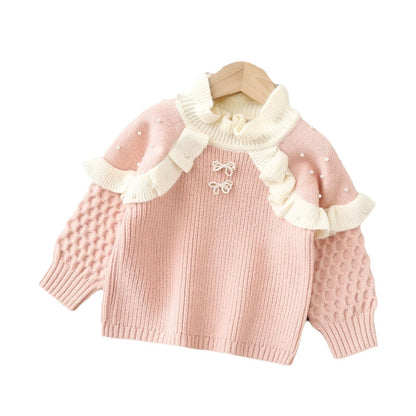 Lace-trimmed, flocked, thickened childrens clothing: Flocked, warm-keeping round-neck knitted base layer