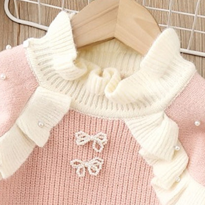 Lace-trimmed, flocked, thickened childrens clothing: Flocked, warm-keeping round-neck knitted base layer