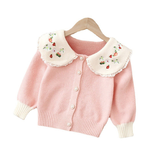 Turn-down collar embroidered baby girl coat sweater cardigan childrens knitted dress