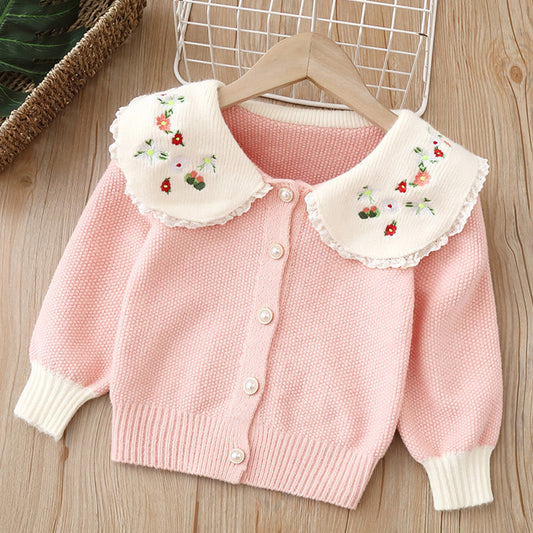 Turn-down collar embroidered baby girl coat sweater cardigan childrens knitted dress
