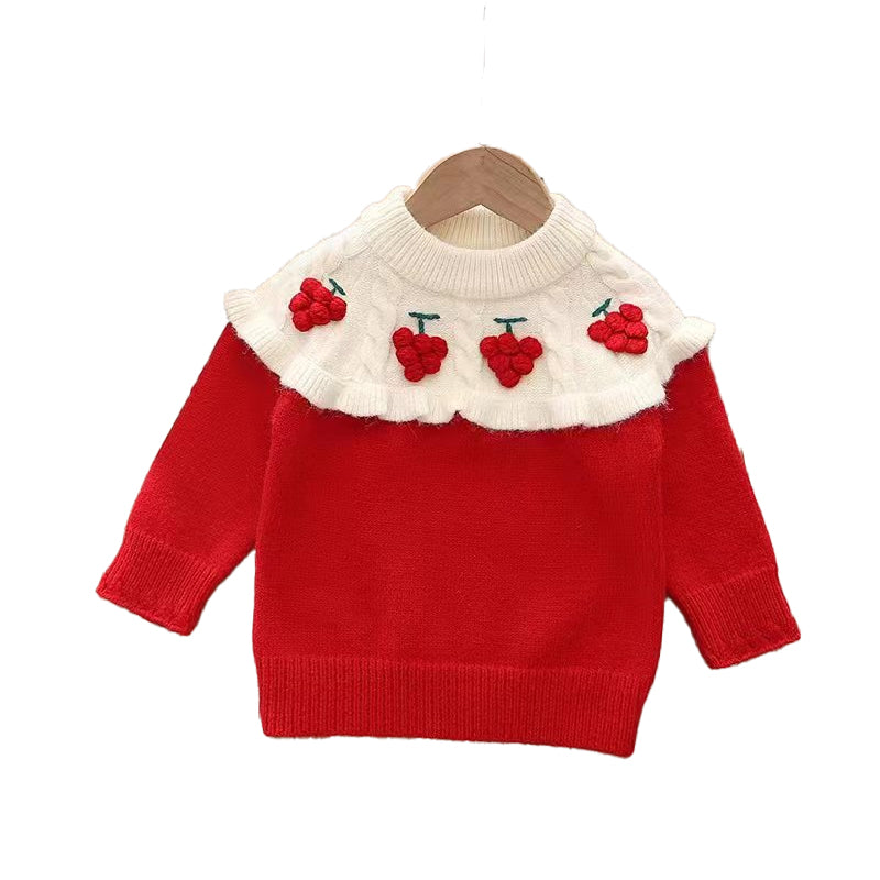 Hand-knitted sweater with velvet trim and thick fabric for baby girls and young girls