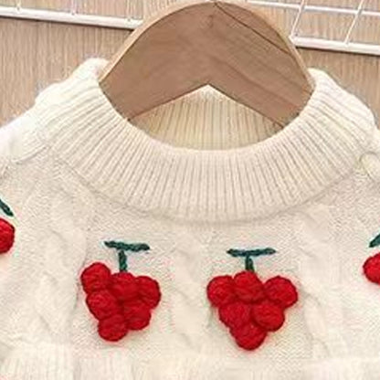 Hand-knitted sweater with velvet trim and thick fabric for baby girls and young girls