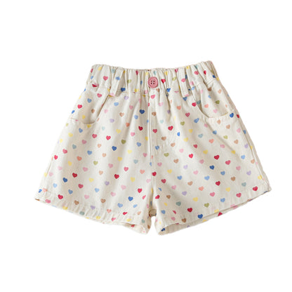 Versatile heart-patterned floral pants, loose hiking shorts