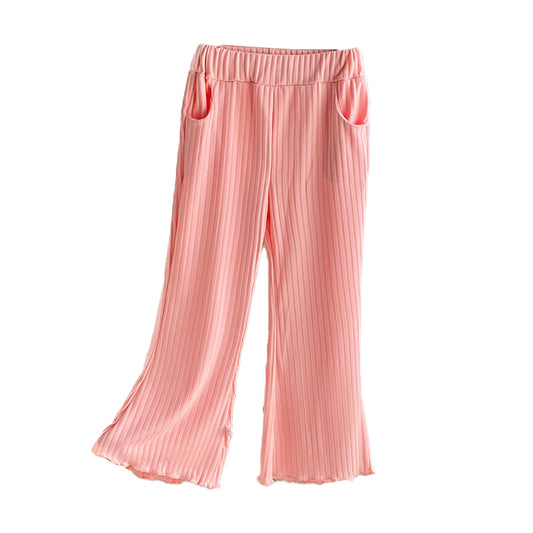 Versatile, thin ice silk pants with princess-style ruffle trim and wide-leg flare design