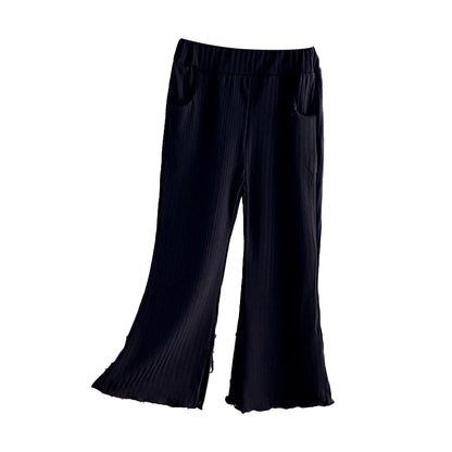 Versatile, thin ice silk pants with princess-style ruffle trim and wide-leg flare design