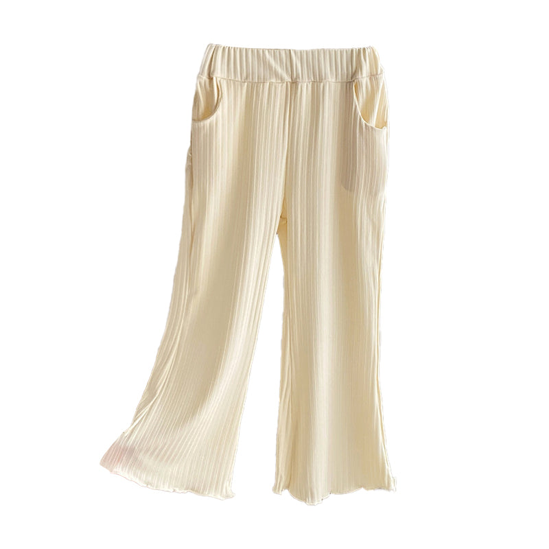 Versatile, thin ice silk pants with princess-style ruffle trim and wide-leg flare design