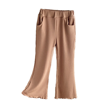 Versatile, thin ice silk pants with princess-style ruffle trim and wide-leg flare design