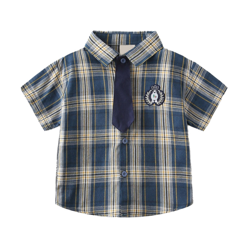 Childrens plaid shirt, baby white short-sleeved shirt