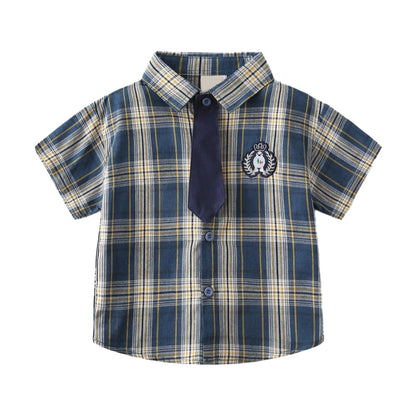 Childrens plaid shirt, baby white short-sleeved shirt