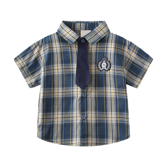 Childrens plaid shirt, baby white short-sleeved shirt