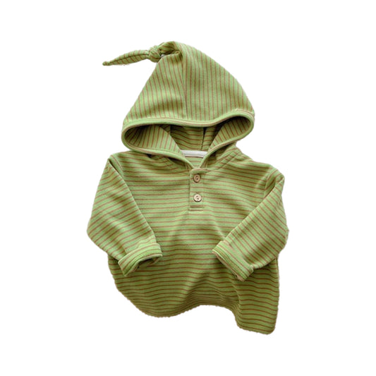 Cute solid-color hat for baby boys, striped long-sleeved top with hoodie for baby girls