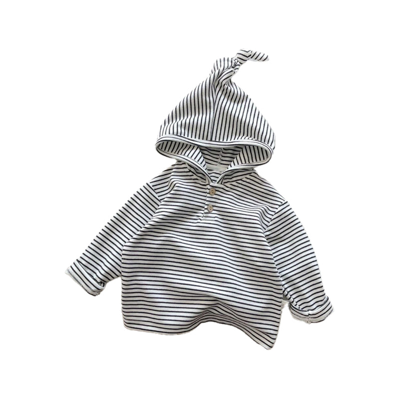 Cute solid-color hat for baby boys, striped long-sleeved top with hoodie for baby girls