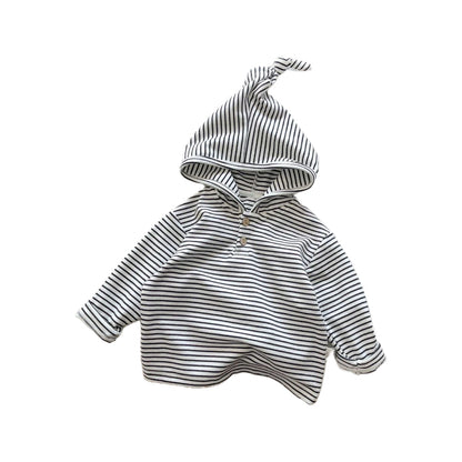 Cute solid-color hat for baby boys, striped long-sleeved top with hoodie for baby girls