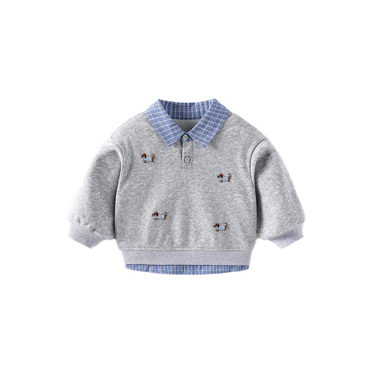 Cool baby boys stylish dog-themed sweater set, fake two-piece hoodie sweater